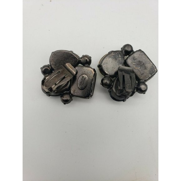 Signed THELMA DEUTSCH VTG Aurora Borealis,Black Glass Rhinestone Clip On Earings - Picture 4 of 4